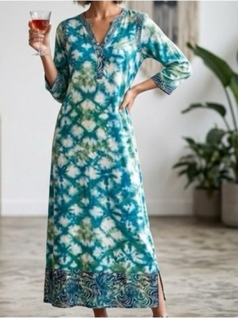 Soft Surroundings Tie-Dye Teal & White Maxi Dress with Border Trim (B6)
